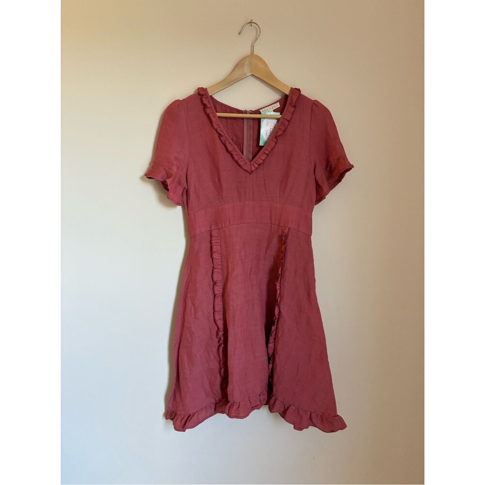 Promesa Ruffle-Trim V-Neck Short Sleeve Dress in Dusty Rose Size Small